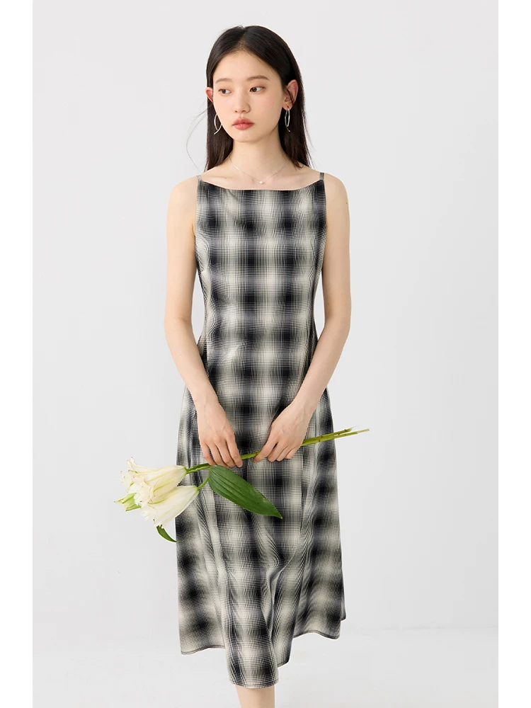 ZIQIAO【2 Length】Women Sleeveless Short Plaid Dress One Shoulder Pleated 20% Acetate Dress Long Dresses 24ZQ92280+24ZQ92238