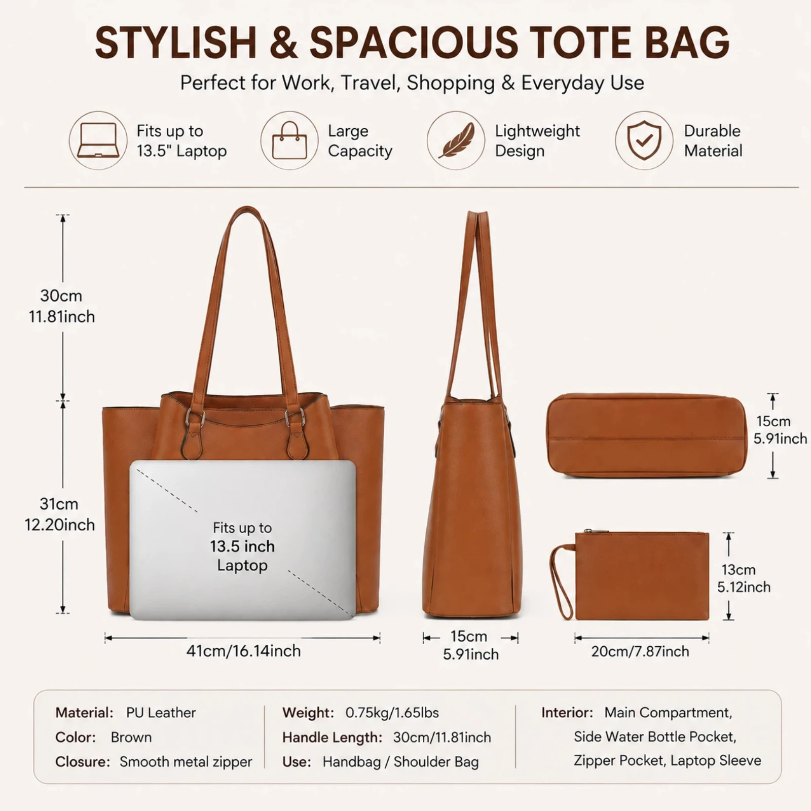 Tote Bag for Women, Large PU Leather Shoulder Handbag with Pouch, 13.5 Inch Laptop Work Travel Shopper Purse, Brown Office Use view 3