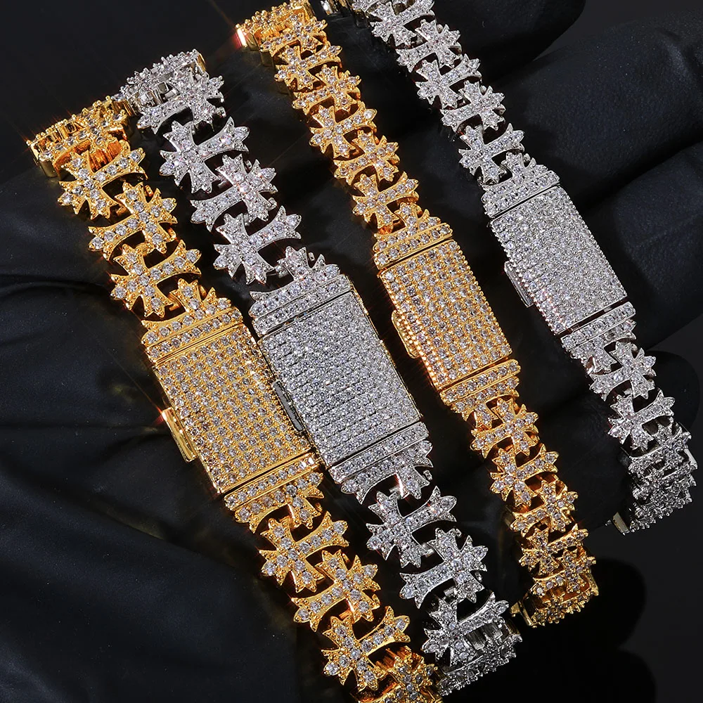 Luxury 8MM Cross Bracelet Hip Hop Style Iced CZ Diamond Brass Hand-Set Zircon Fashionable Charm Jewelry for Men Women