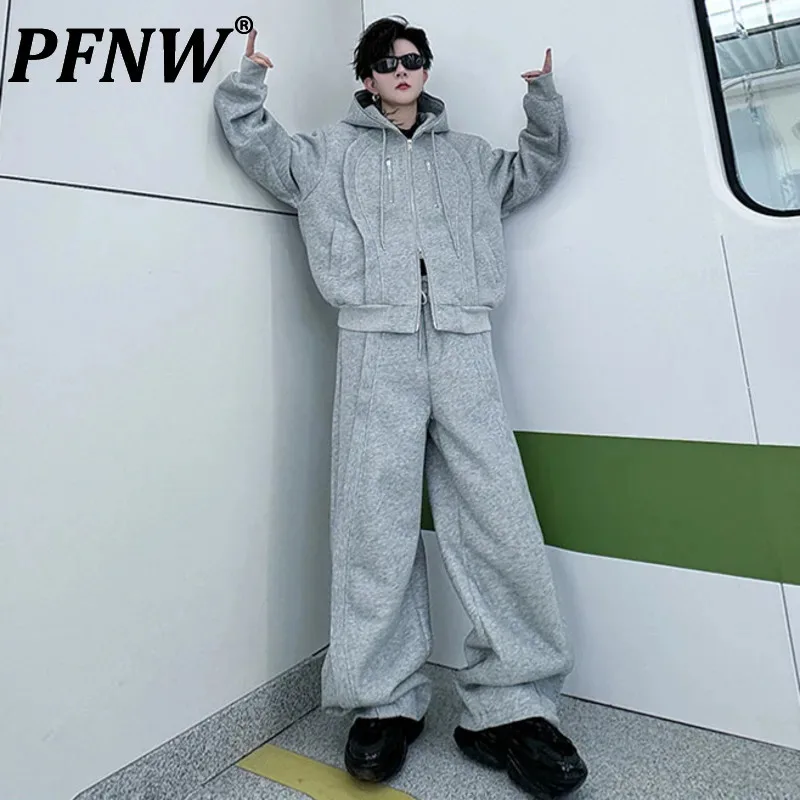 

PFNW Two Piece Male Set Autumn Zipper Design Hooded Long Sleeve Sweatshirt Men's High Street Solid Color Wide Leg Pants 28W4531