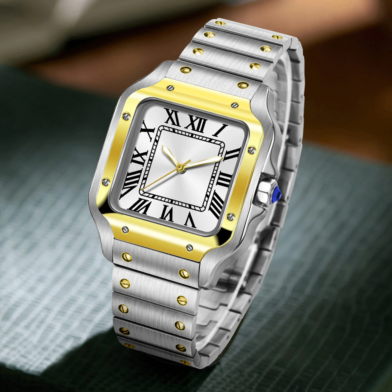 Klassische 38mm Quadratische Herren-Automatikuhr China NH35 Uhrwerk Silber Gold Ohne Datum/Logo Edelstahlarmband Weißes Zifferblatt Luxus