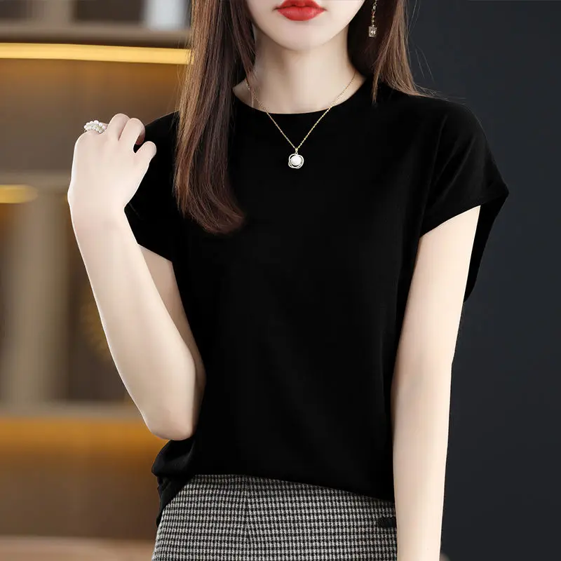 Fashion Solid Color Knitted Loose Korean T-Shirt Women\'s Clothing 2023 Spring New Casual Pullovers All-match Tee Shirt