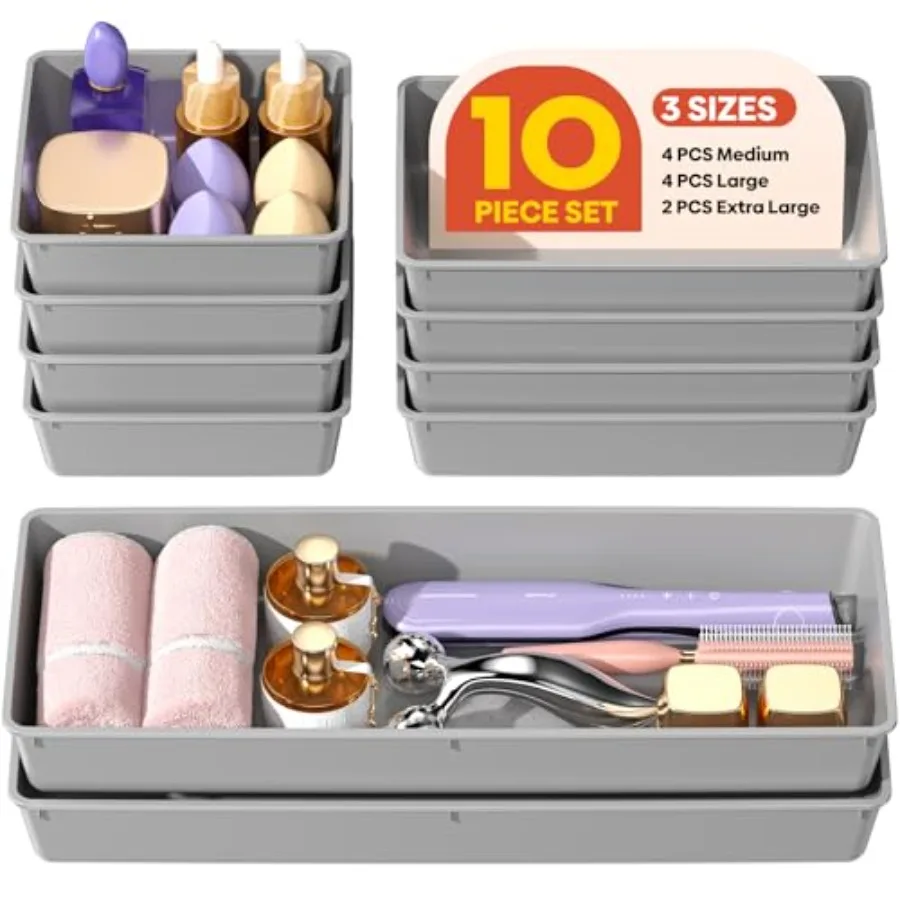 

Набор из 10 больших пластиковых органайзеров для ящиков, 3 размера, лотки-органайзеры для стола, контейнеры для хранения косметики и принадлежностей для ванной комнаты
