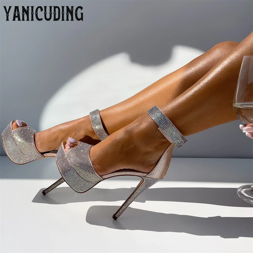 

Rhinestones Platform Heels Luxurious Crystal Summer Sandals Elegant Style Round Toe Stilettos Designer Handamde Banquet Sandals