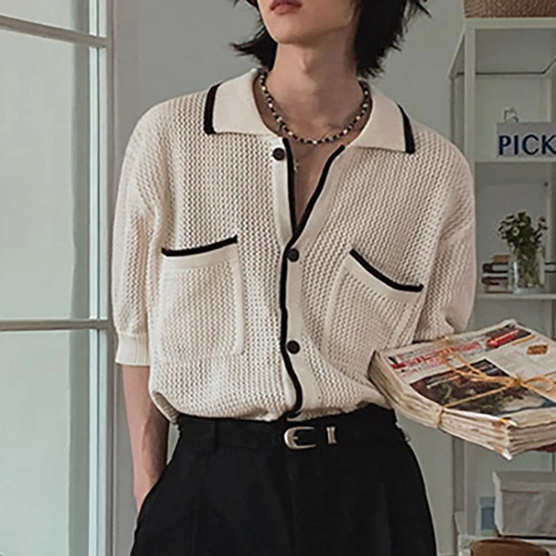 Men's Hollow Out Short-Sleeved Shirt Vintage Turn-Down Collar Contrast Color Front Pocket Design Thin Knitted Sweater Cardigan