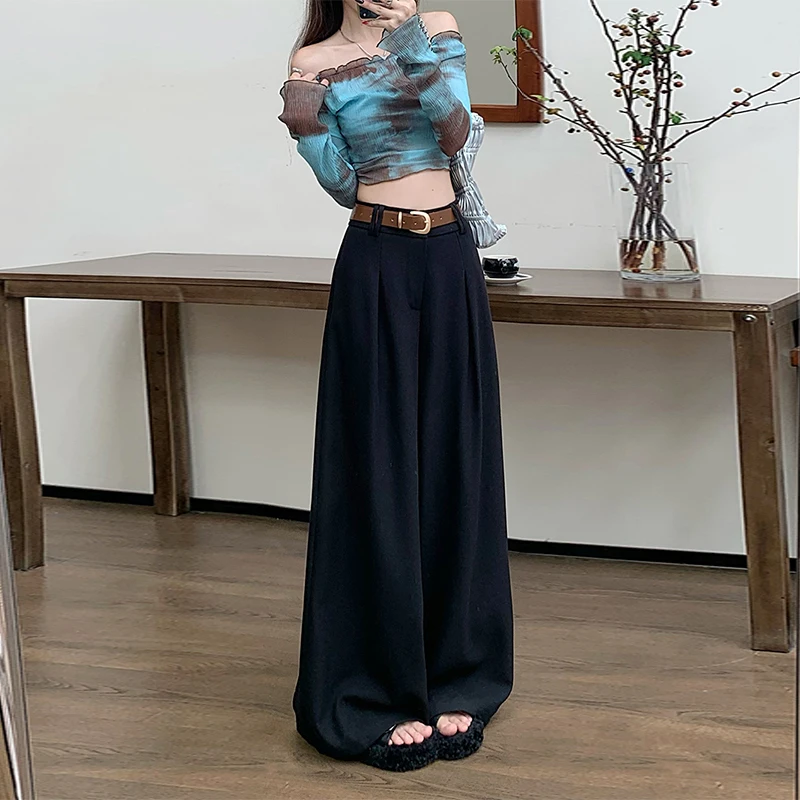 Fashion Loose High Waist Casual Solid Color Work Drape Mopping Trousers For Women