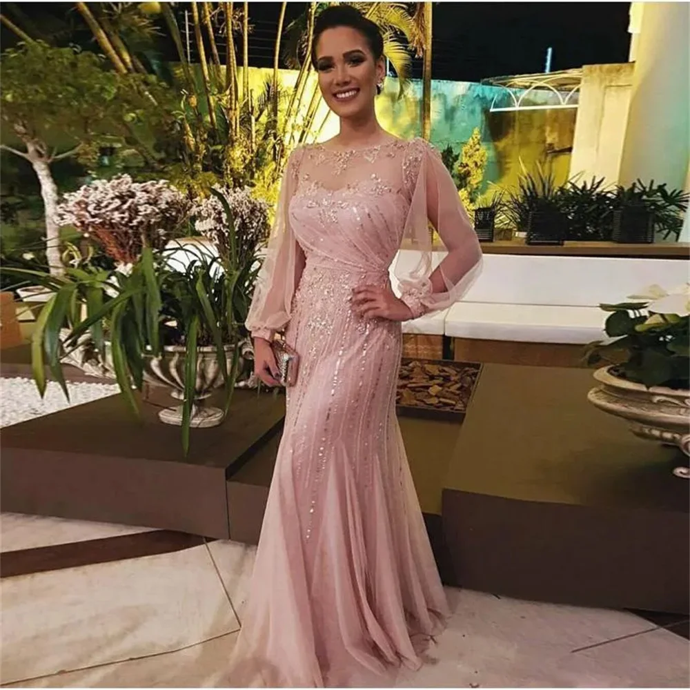 2023 elegante a linha rosa mãe da noiva vestido jewel neck mangas compridas lantejoulas contas de cristal tule formal festa de noite vestido