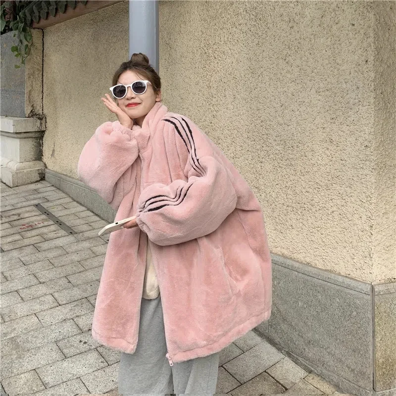 Plus Size Chubby Girl .00 Kg-50.00 kg Outerwear Women Winter Thick Warm Imitation Mink Plush Plus size Loose Coat Fried Stree...