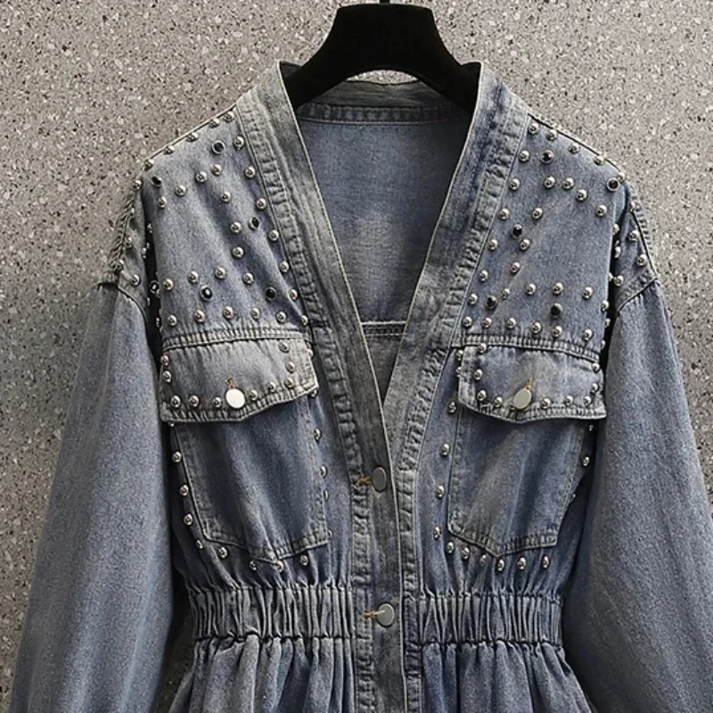 Denim Jacket for Women Studded Cinched Waist Jean Coat Spring Autumn Slim Crop Short Biker Outerwear Small Harajuku Streetwear