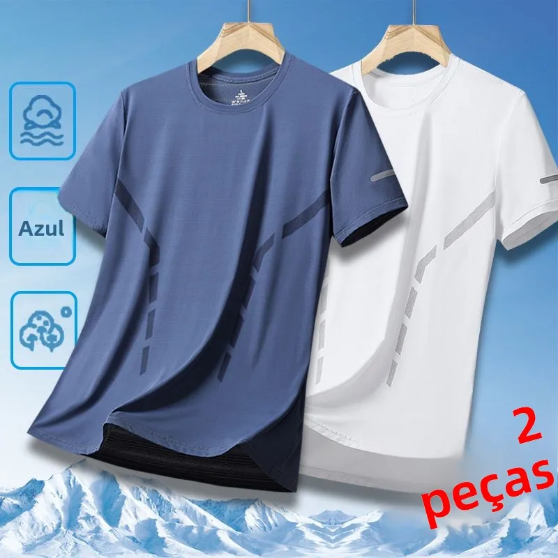 Camiseta Masculina de Seda Gelada de Secagem Rápida, Fina, Respirável, Manga Curta, Tamanho Grande, Casual Esportiva, Moderna...