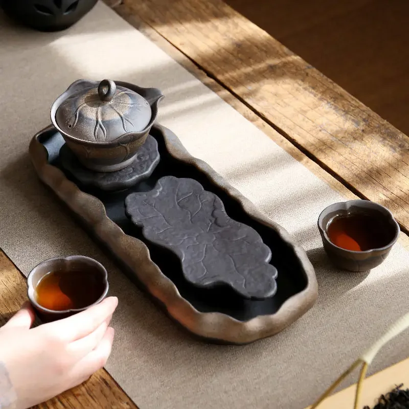 Retro Tea Table Decoration Trays, Coarse Pottery, Tea Tools, Tea Cup, Small Holders Tray for Japanese Kitchen