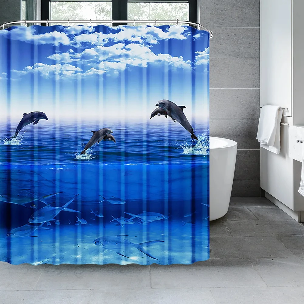 Dolphin Shower Curtain Blue Underwater World Marine Life Polyester Fabric Kids Ocean Theme Bathroom Decor Set with 180 * 180CM