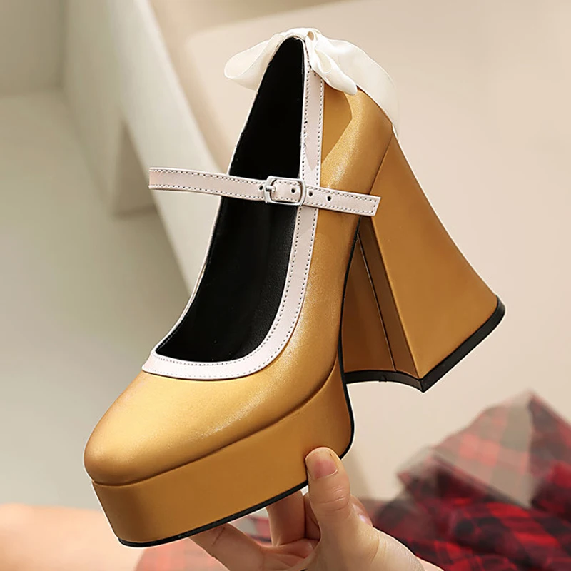 

Ladies Back Lace Bow Pumps Thick Platform Chunky High Heels Shoes Round Toe Women Mid Buckle Strap Mary Jane Shoes