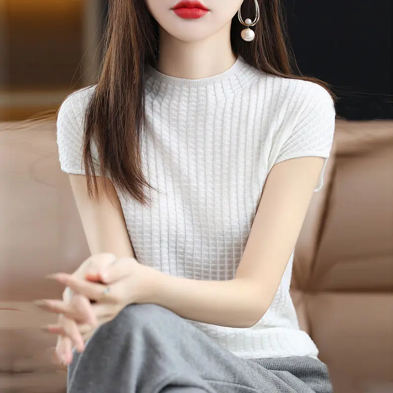 Vintage Half High Collar Women Short Sleeve Knitted T-shirt Spring Summer Versatile Pullover Bottoming Korean Fashion Casual Top