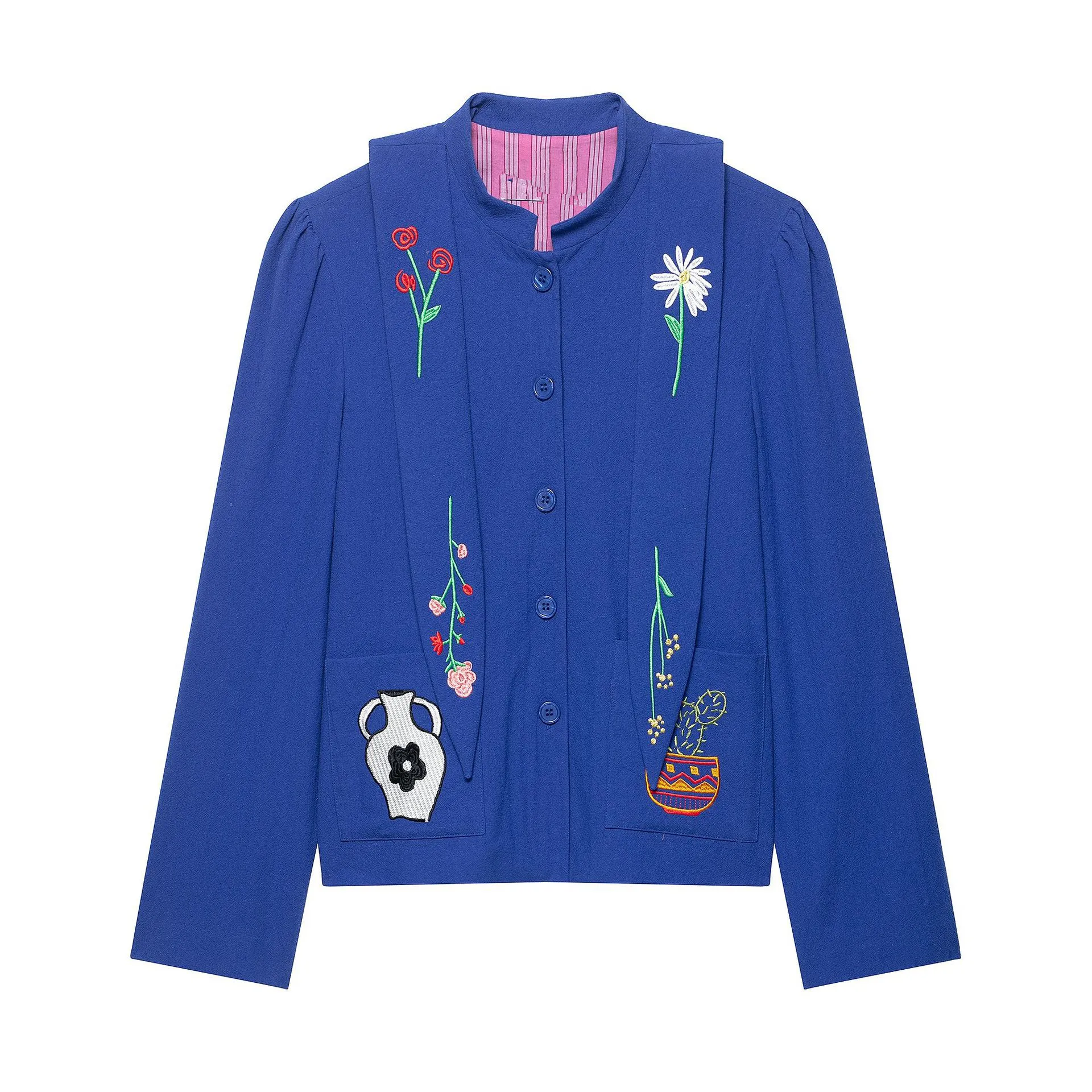 

New Fashion Casual Long Sleeve O-neck Single Breasted Embroidery Flower Pockets Loose Fit Outerwear For Women