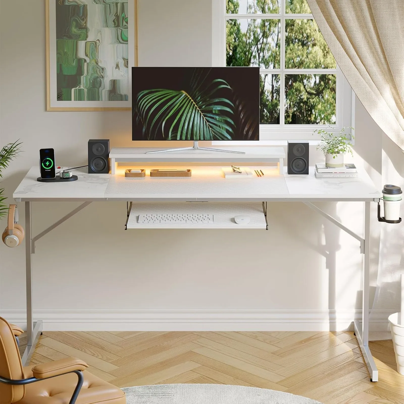 

63 Inch Gaming Desk with LED Lights & Power Outlets Computer Desk with Laptop Stand & Keyboard Tray ern PC Desk with set Hook or