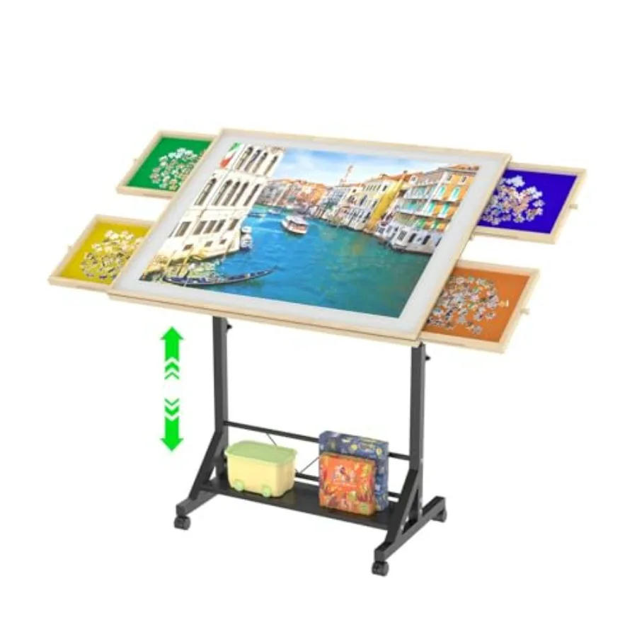 

Jigsaw puzzle table for home use, wood and black finish, adjustable tilting and 360 rotating board with drawers, height-adjusta