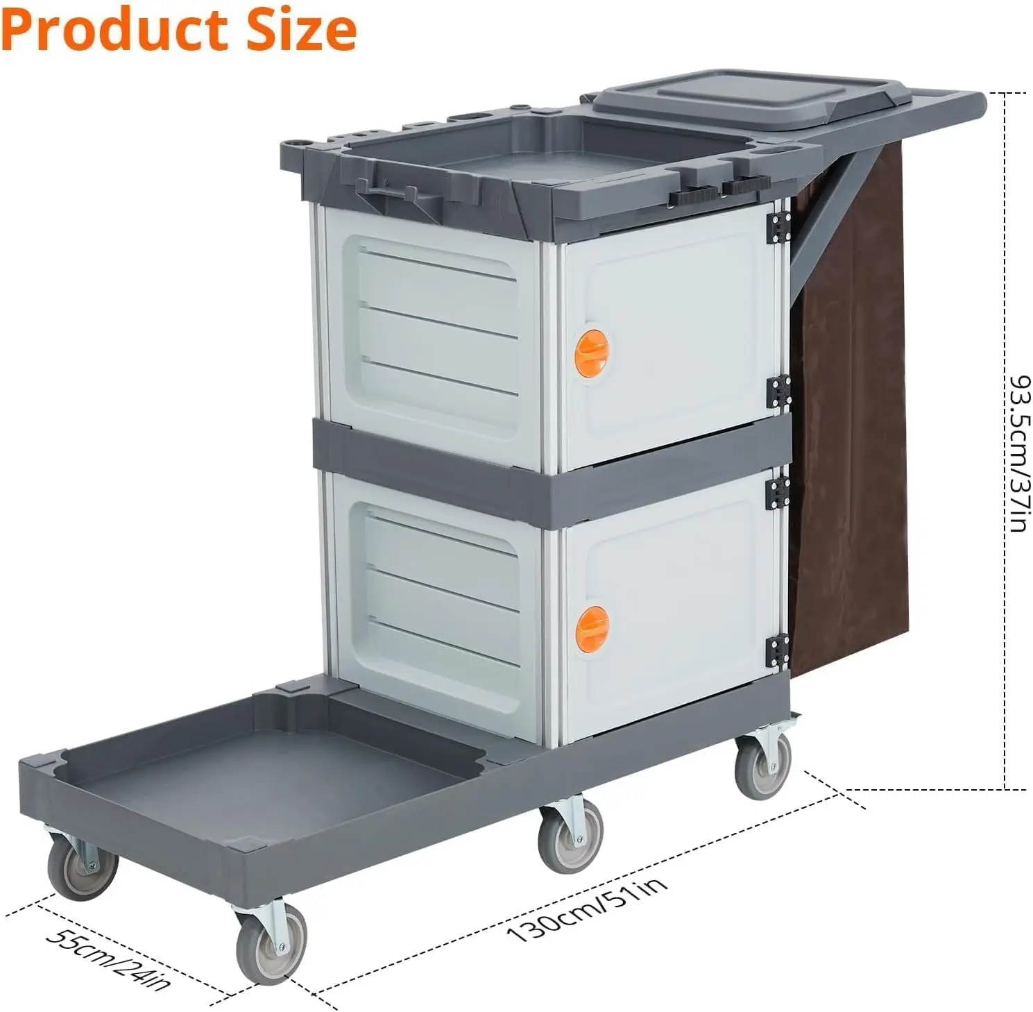 Commercial Janitorial Cart with 2 Cabinet on Wheels，3-Shelf Housekeeping Cart with Vinyl Bag for Hotels Apartment Business