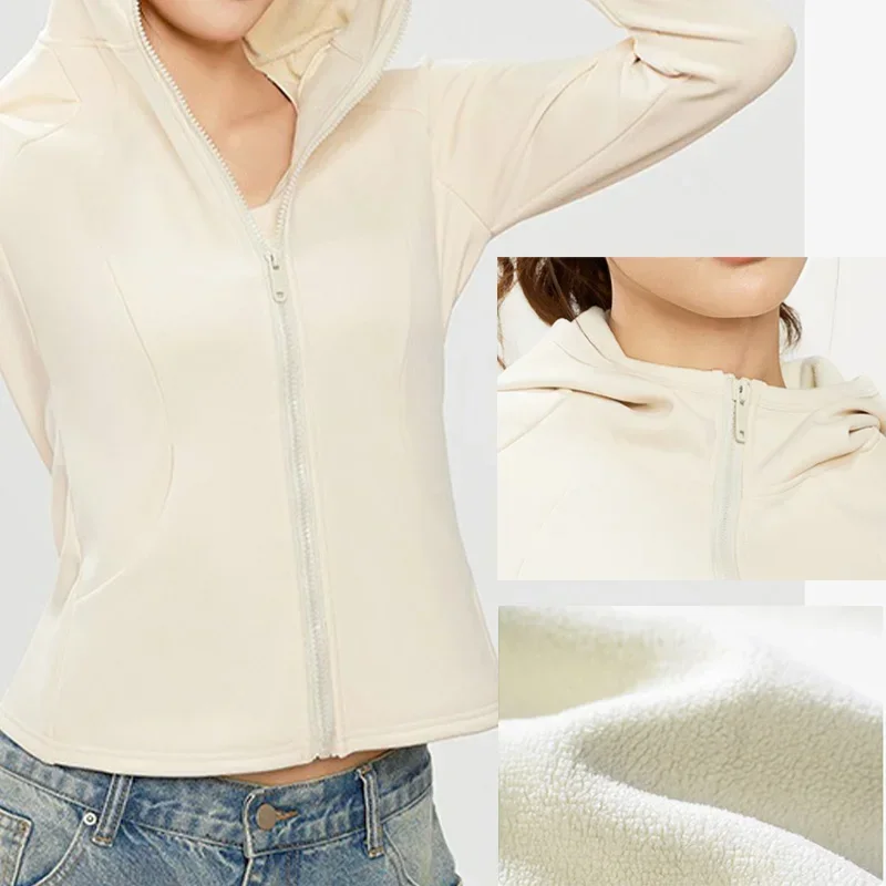 Aiithuug Fleece Velvet Hat Full Zip Fleece Pockets Thumb Hole Long Sleeve Women Soft Gym Warm Winter Slim Fit Hoodie Yoga Jacket
