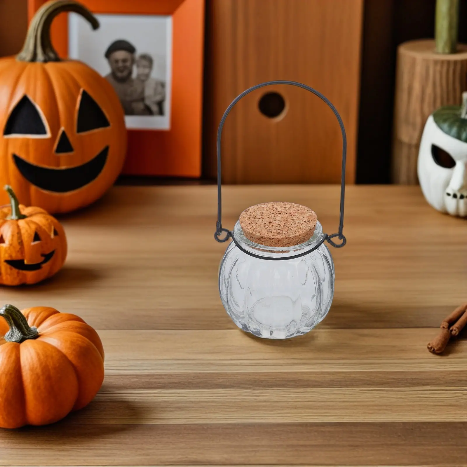 4Pcs Hanging Clear Glass Pumpkin Candy Jar Airtight Cork Stopper Decorative Storage Candy Holder Small Jar Small Vase view 4