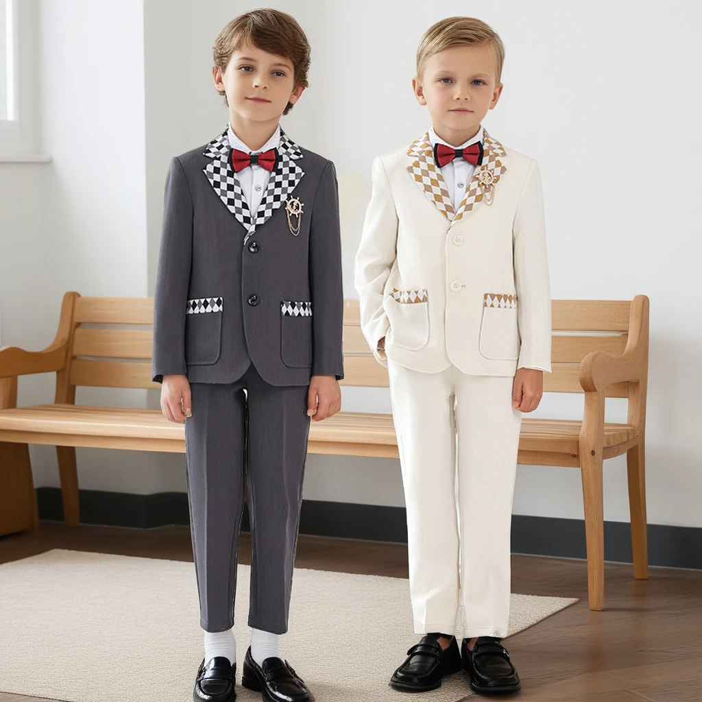 

Suit for Boys Spring New Fashion Stitching Plaid Formal Wedding Tuxedo Set White British Teen Children Piano Performance Costume