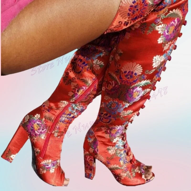 Red Embroidery Peep Toe Boots Chunky Heels Knee High Shoes for Women Cross Tied High Heels Sexy Shoes 2024 Zapatos Para Mujere