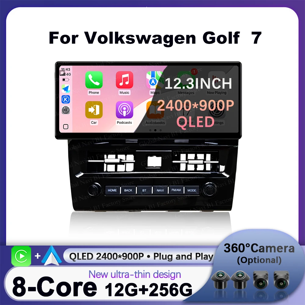 

12,3-дюймовый автомобильный мультимедийный плеер с экраном Android 14 для Volkswagen Golf 7 2013 CarPlay, автонавигация, GPS, DSP, стерео QLED 2400*900P