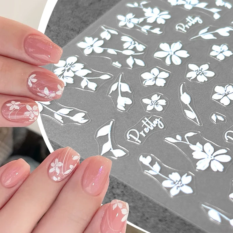 3D Flowers Nail Art Sticker White Black Yellow Petals Floral Adhesive Sliders Manicure Nail Stickers Decoration For Nail Tips