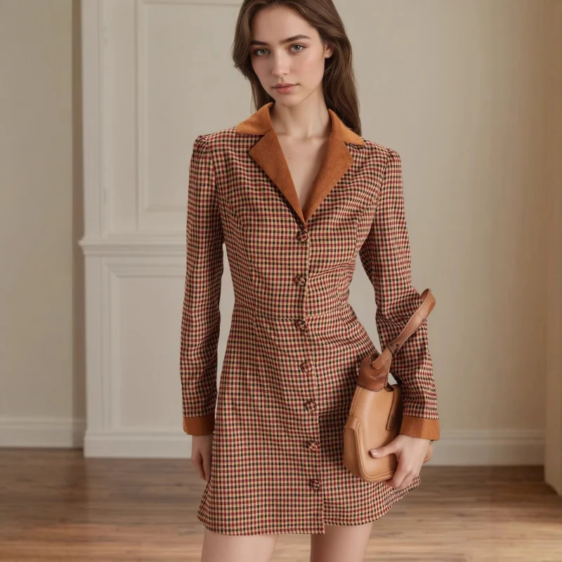 

Women's long sleeved single breasted high waisted waist cinched outerwear for autumn 2025, paired with a brown dress with a chec