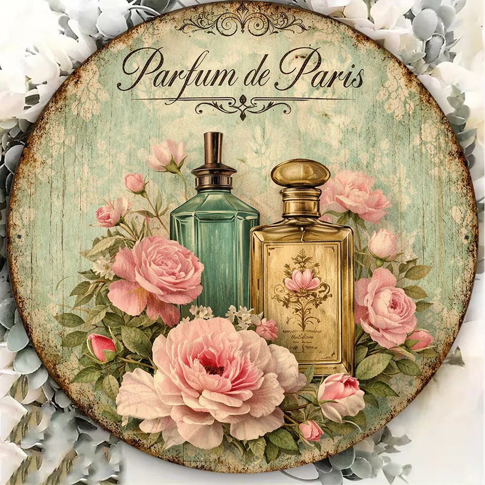 2D Flat Round Sign,Vintage Plaque About 'Parfum De Paris', 'Perfume Bottle Rose' Decorative Sign,Suitable for 'Kitchen,Bedroom