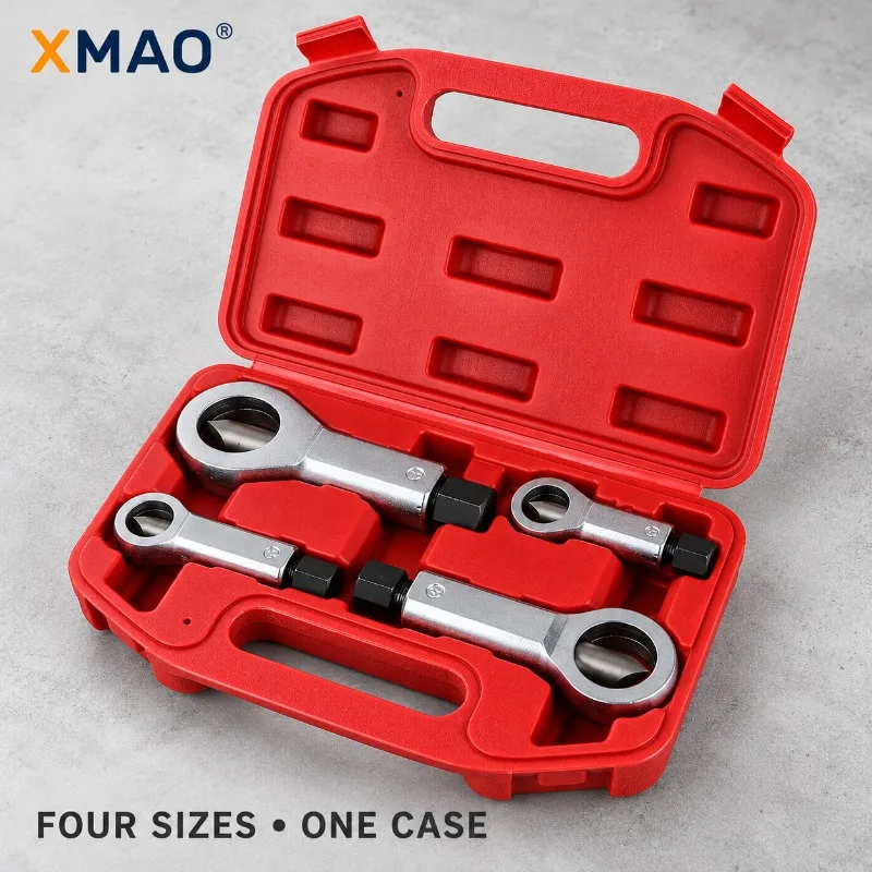 4-Piece Nut Splitter Set for Rusted and Rounded Nuts, Manual Nut Cracker Removal Tools in Four Sizes with Red Carrying Case