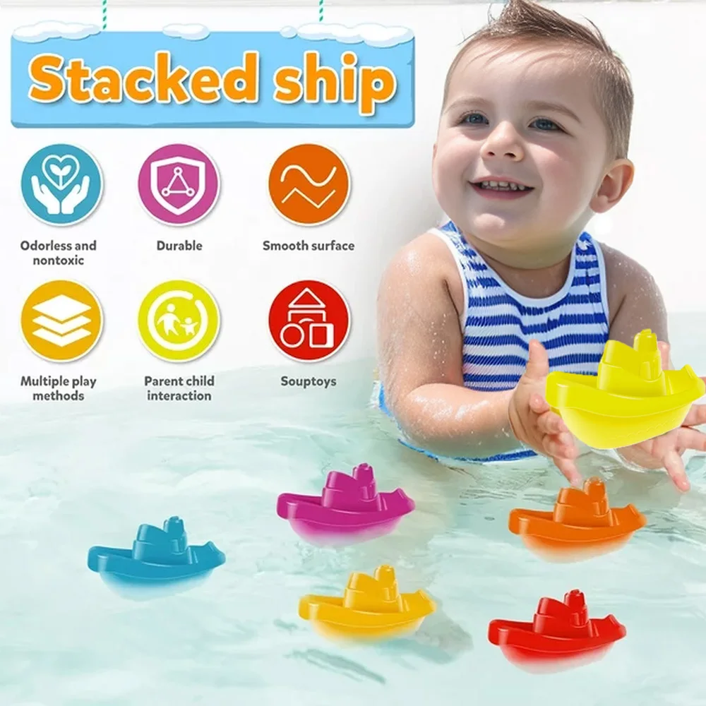 Baby Bath Toys, Stacking Boat & Spoons Toys, Early Education Intelligence Gift, Rainbow Color Stacked Cup Folding Tower Baby Toy