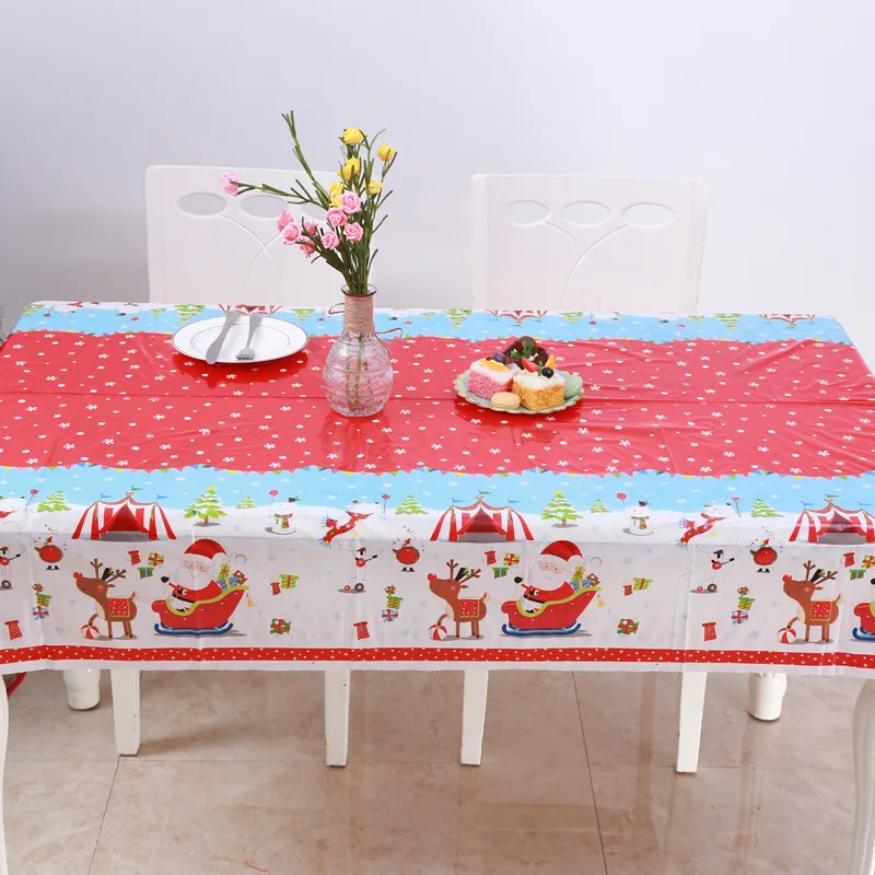 1 Pc Christmas Decor Dining Table Cloth Holiday Party Home Hotel Desktop Decor Tablecloth Cartoon Christmas Style PVC Tablecloth