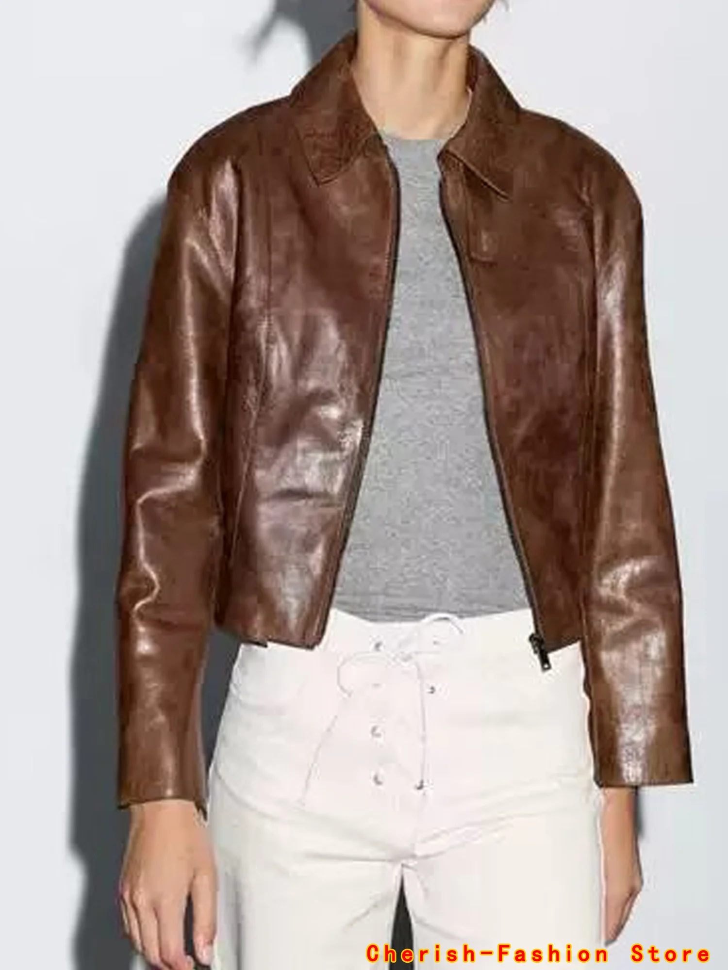

Vintage Brown Loose Short Leather Jacket Women Fashion Lapel Long Sleeves Zipper Cropped Coat 2025 Autumn Lady Street Outwear