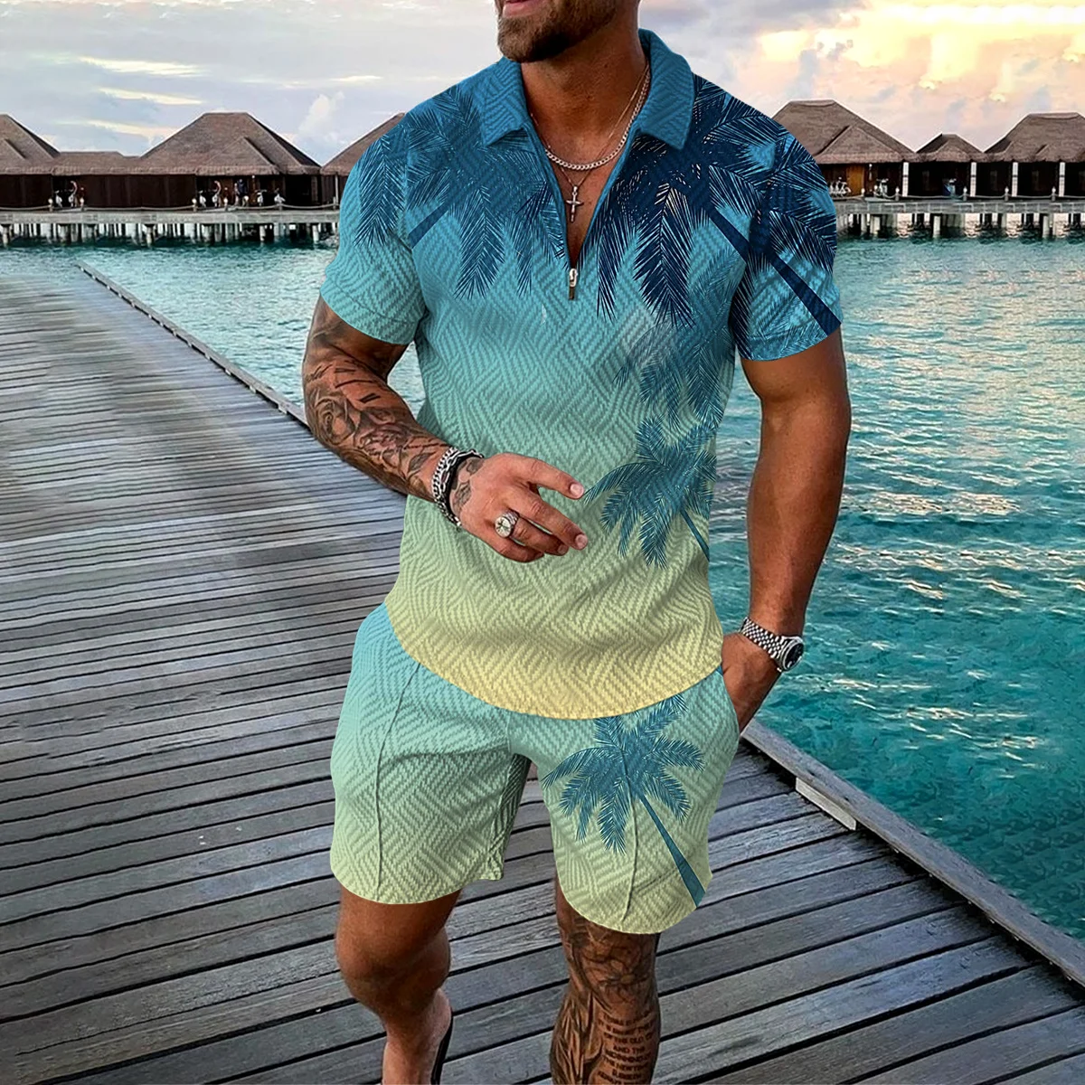 

Vintage Men's Suit Zipper Polo Shirt Shorts Pants Two Piece Set Coconut Tree Animal 3D Print Casual Men Tracksuit 2pcs Sets