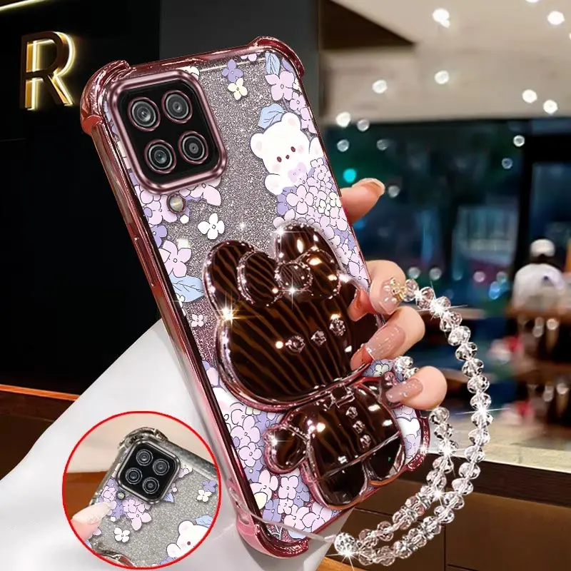 

A 12 Purple flowers Plating Bracelet Holder Phone Case For Samsung A12 A04 A02S A13 A22 A12S A15 A03S M12 M02 M13 F12 Cover
