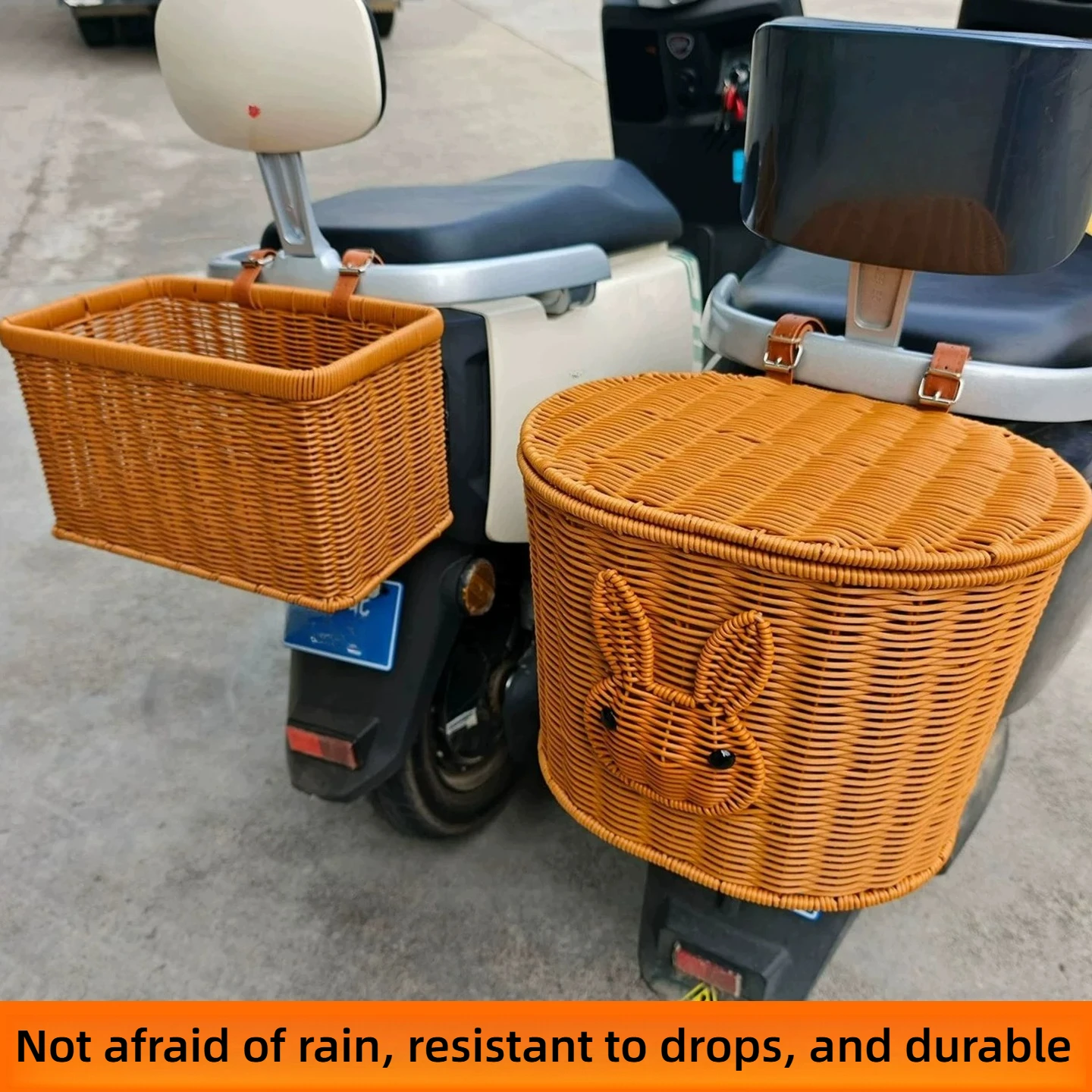 Electric scooter pet basket with dog, motorcycle rear basket for helmet storage, bicycle large capacity bamboo woven box rear