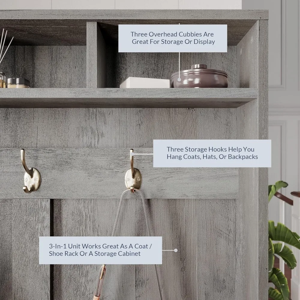 مقعد تخزين للمدخل 3 في 1 قائم بذاته، ورف الأحذية، ورف المعاطف - لمسة نهائية رمادية اللون، وتصميم موفر للمساحة