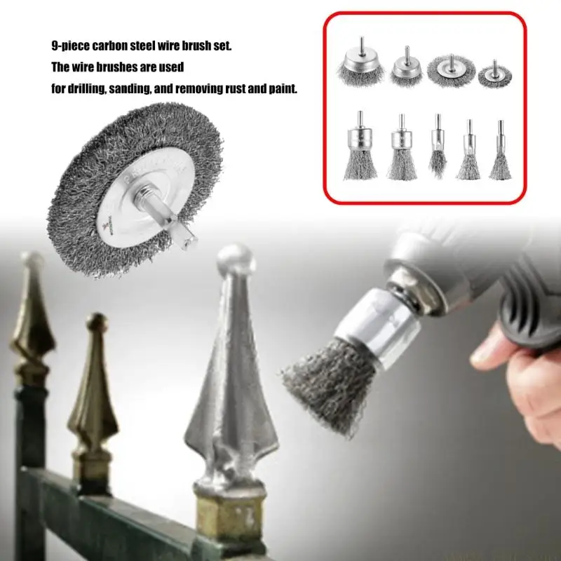 A2BE Professional 9PCS Drill Wire Wheel Set Durability Carbon Steel Wheel Brushes For Rust Removal Paint Stripping Grinding