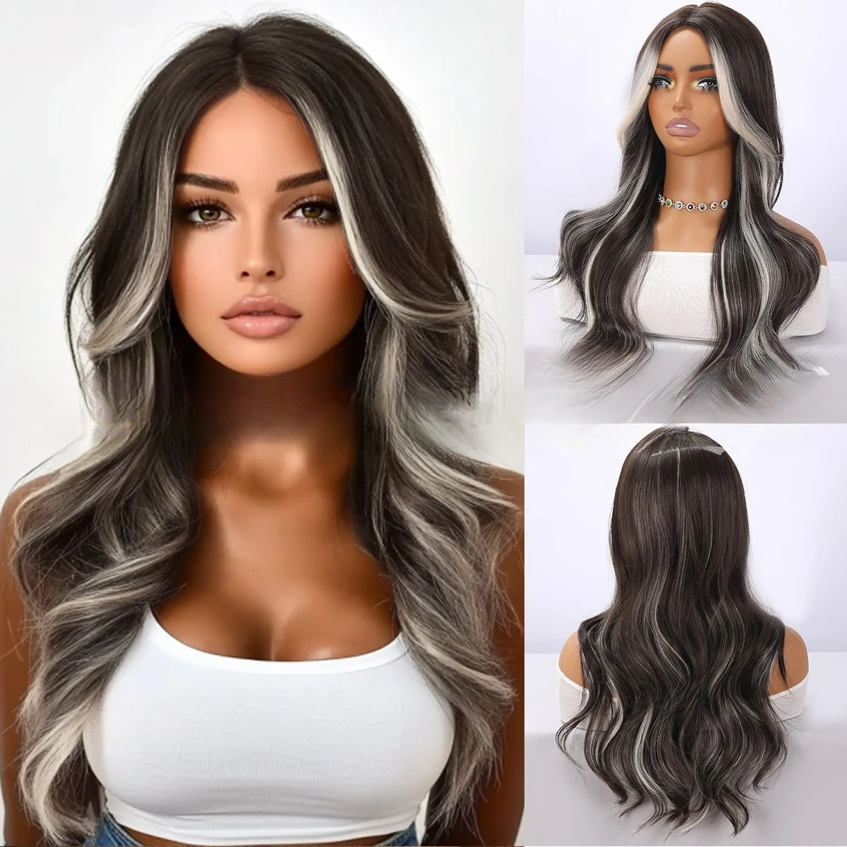 

New European and American fashion wig gradual change color middle points women long curly hair white brown mixed color wig full