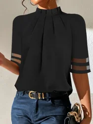 Yeezzi Womne's Solid Color Stand Collar Pleated T-shirts 2024 New Summer See-Through Half Sleeves Urban Casual Zipper Tops Tees