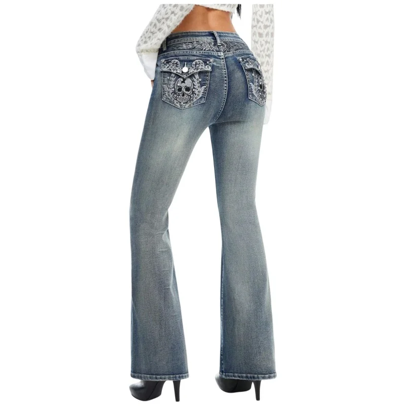 

Lady Mid-rise Thin Flared Jeans New Girls Fashion Skull Pattern Rhinestone Designer Pants Women Slim Fit Narrow Denim Trousers