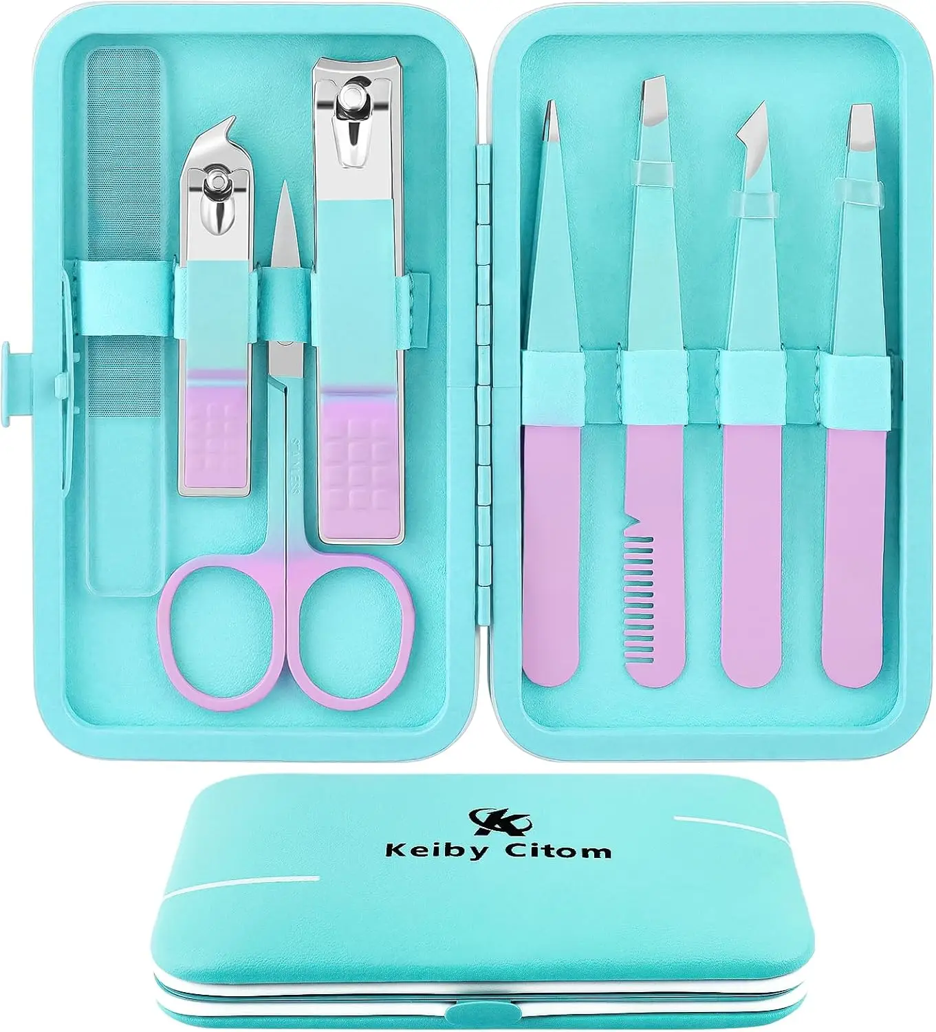 

8Pcs Tweezers Set & Nail Clippers - Precision No Gaps Eyebrow Tweezer Kit for Facial Hair, Travel Tweezers with Leather Case (Violet/Cyan)