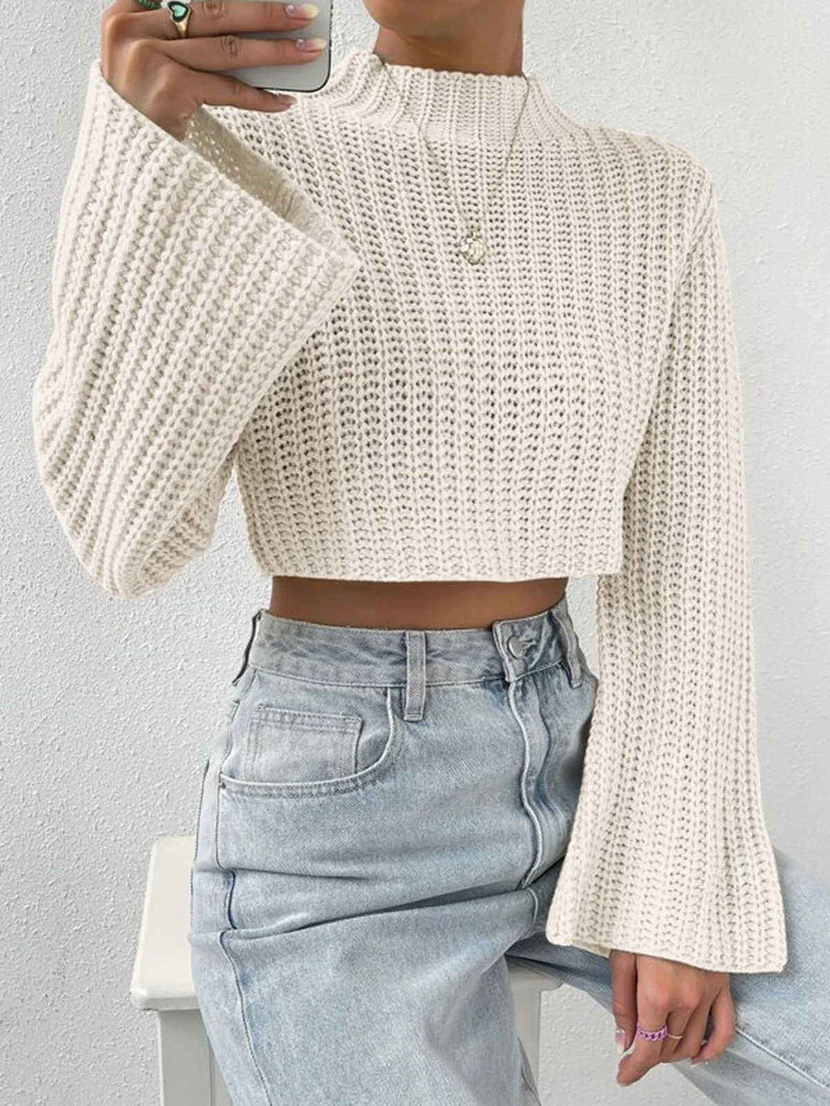 Solid Color Versatile High Waist Trumpet Short Pullover Sweater Autumn/Winter Women's Half High Collar Knitted Sweaters