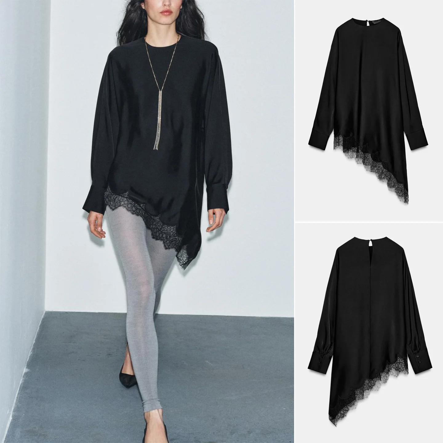 

mat Sle Women's irt round Ne Long Sve Asymmetric Hem Lace Trim Winter New Arrival Breathable Polyester Fiber