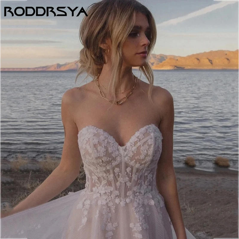 RODDRSYA Querida Strapless Vestido De Noiva para Noiva Sexy Tulle Backless Vestido Novia Civil Elegante A-Line Lace Bridal Gown Querida Strapless Vestido De Noiva para Noiva Sexy Tulle Backless Vestido Novia Civil Eleg