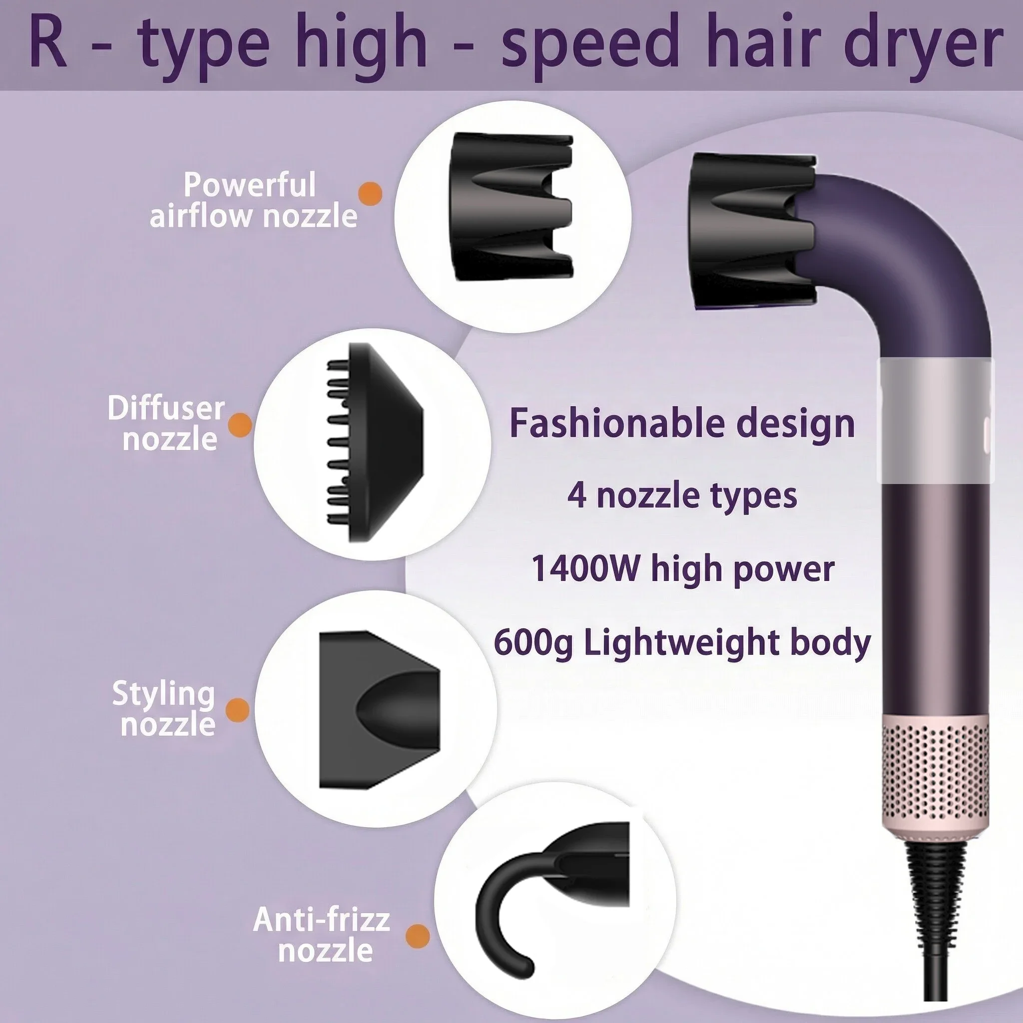 

Мощный фен 1400 Вт для быстрой сушки волос, легкий, с низким уровнем шума, с различными насадками для быстрой укладки волос