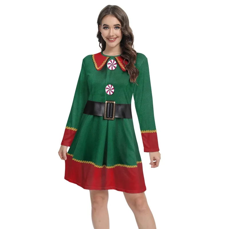 

Fashion Merry Christmas Women's Sexy Long Sleeve Elk 3D Printing Dress Xmas Cosplay Costume Anime Disguise Adult Clothing