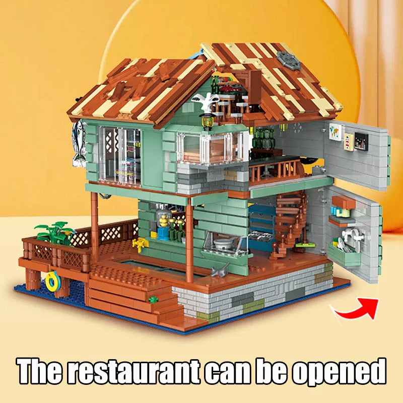 Harbour Restaurant Fisherman's Cabin Architecture Building Blocks Street View Wharf With Light Micro Brick Toys For Kids Gift