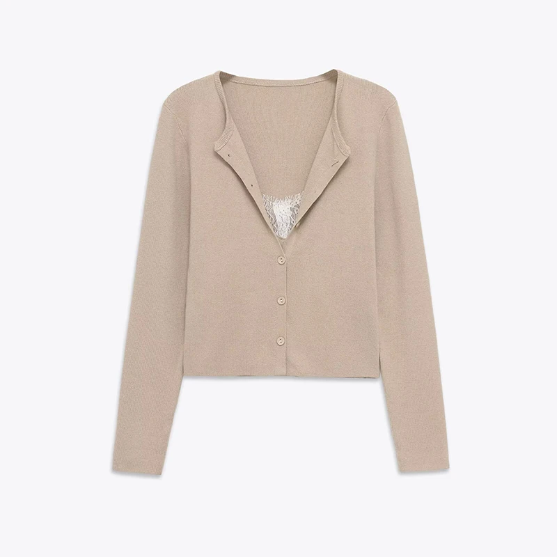 

Lace Patchwork Knit Cardigan Women Long Sleeve V Neck Spring Autumn Slim Casual Knitwear
